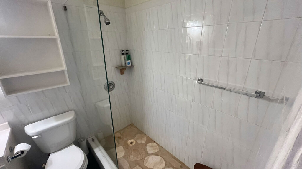 Arawak_suite-2-2_1600 Walk-in shower with tile walls in the Pelican Suite bathroom at Arawak Beach Club in Anguilla